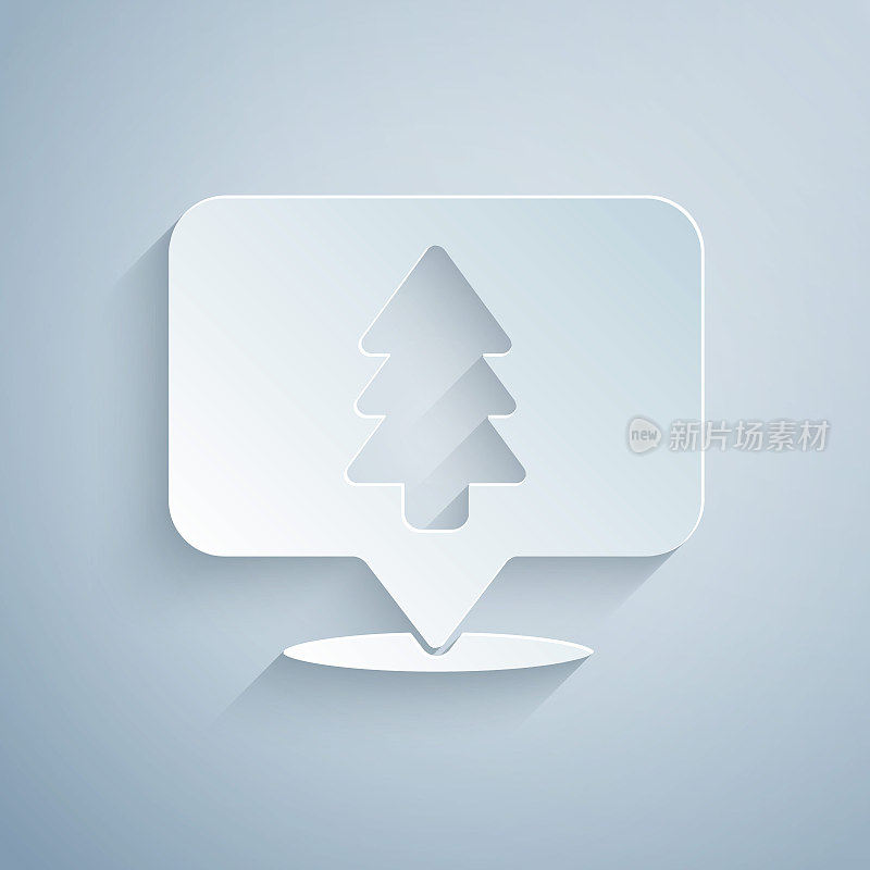 Paper cut Location of the forest on a map icon isolated on grey background. Paper art style. Vector Illustration